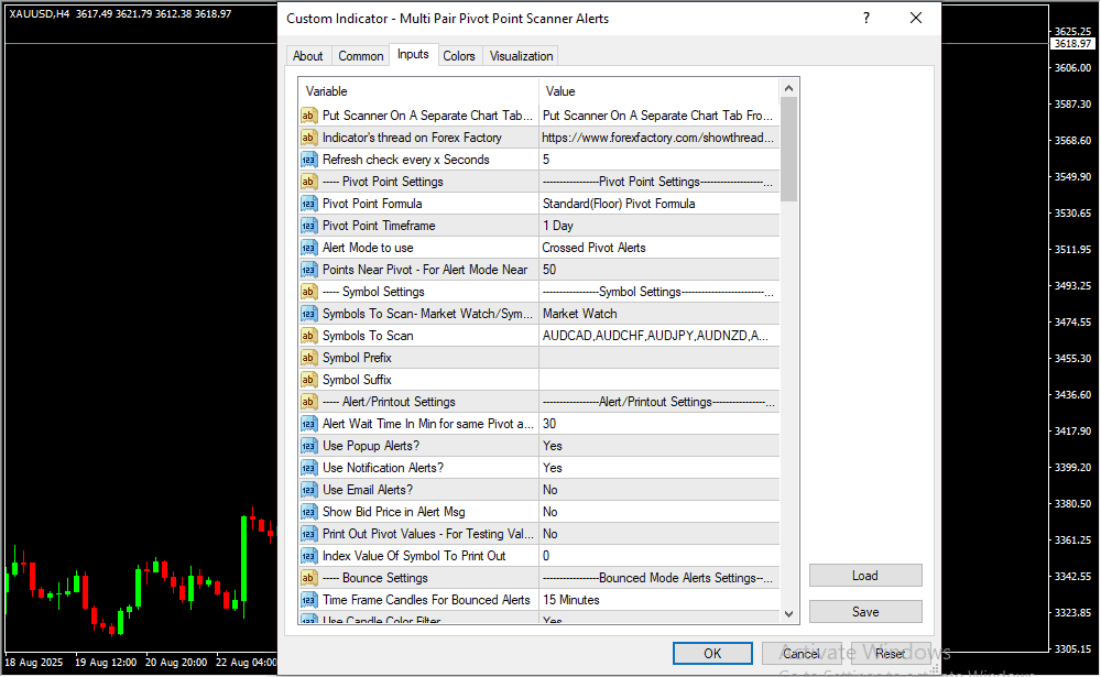 Multi Pair Pivot Point Scanner Alerts Inputs